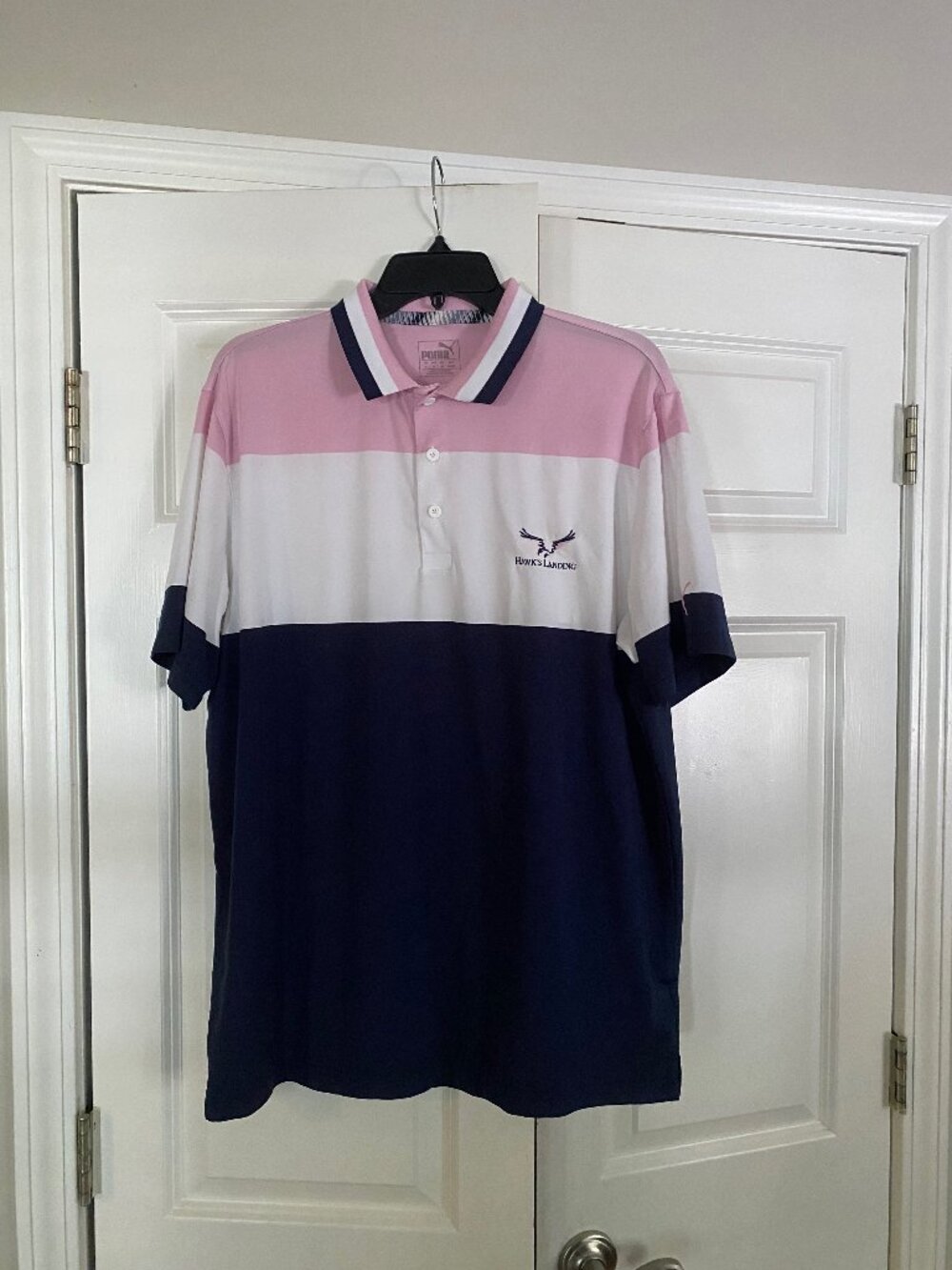 PUMA Hawk’s Landing Colorblock Polo Shirt – Pink/White/Navy – Men’s Size Large
